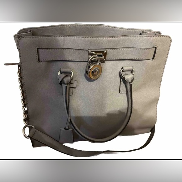 MICHAEL Michael Kors Handbags - Michael Kors Large Hamilton Gray Taupe Handbag Satchel Saffiano Leather silver